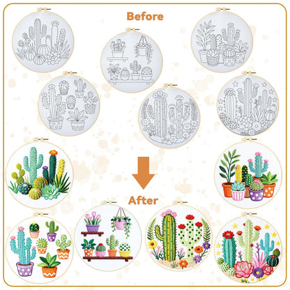 BEUNITONE Cactus Embroidery Kit for Beginners, 6PC Succulent Plant Themed Needlepoint Kits for Adults with Hoops, Threads, Needles, Instructions and Full Kits, DIY Home Decor Craft Gift for Adults