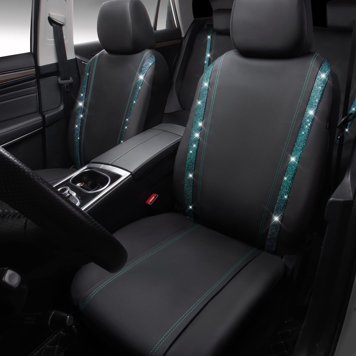 CAR PASS Bling Car Seat Covers Full Set, Shining Rhinestone Diamond Waterproof Faux Leather Universal Fit 95% Automotive Glitter Crystal Sparkle Strips for Cute Women Girl, Full Set (Mint Diamond)