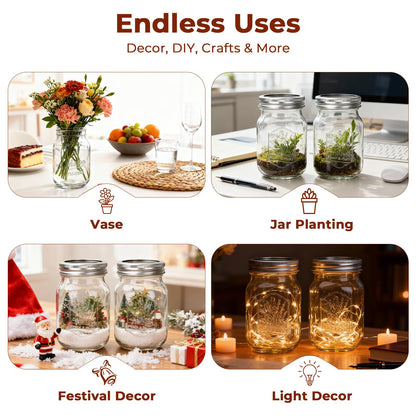 CycleMore 9 Pack 16 oz Mason Jars with Airtight Lids - Embossed Pint Glass Canning Jars for Pickling, Food Storage, Wedding Favors & DIY Crafts - Regular Mouth Design with Labels & Jute String