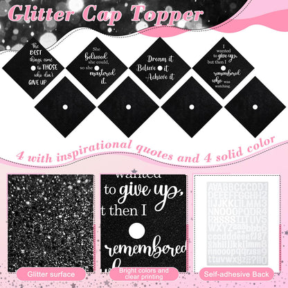 Dunzoom Black 16 Pcs Graduation Cap Decorations Kit Glitter DIY Cardstock Paper Letter Sticker for Graduation Hat Topper
