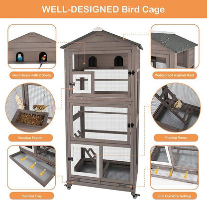 Gowoodhut 68.8"L Outdoor Bird Aviary Indoor Wooden Large Bird Cage Parakeet Cage on Wheels,Removable Wire Netting Slide Pull Out Tray, 2 Perches, Nest House,Ideal for Small Birds,Finches,Parrots,Grey
