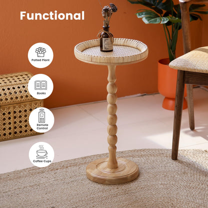 HuiDao Drink Table，Rattan Round Small Side Table for Small Spaces, Boho Circle End Table Coffee Table with Solid Wood Leg for Living Room, Pedestal Table for Bedroom, Corners