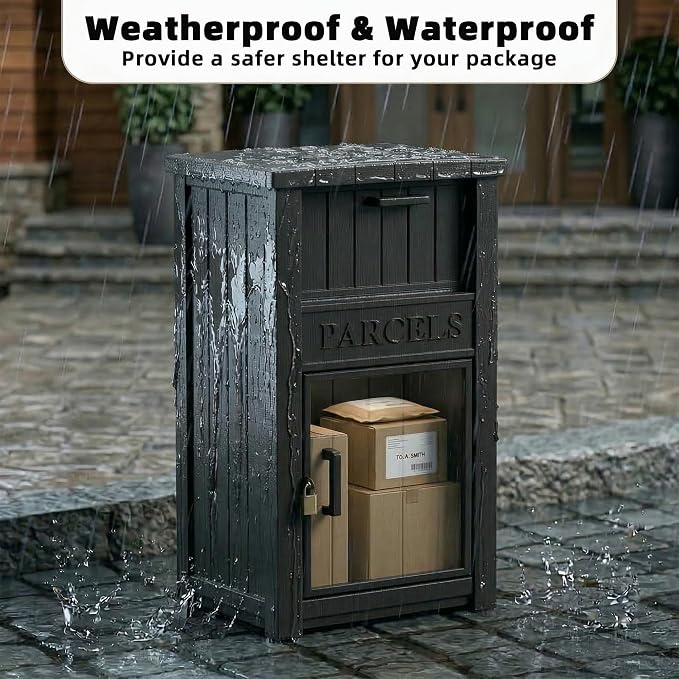 EFU Package Delivery Boxes for Outside, Lockable Anti-Theft Waterproof Delivery Boxes for Outside, Secure Parcel Drop Boxes for Porch & Curbside & House, Outdoor Package Box for Deliveries (Black)