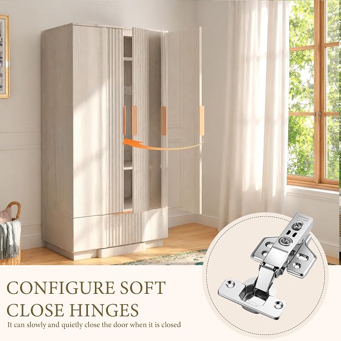 Yechen 67" Fluted Armoire Wardrobe Closet with Doors and Drawer, Wooden Wardrobe Cabinet with Adjustable Shelve, Modern Small Armoires for Hanging Clothes Coats for Bedroom, White Grey
