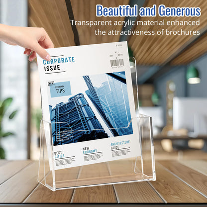 SUNQEBO Acrylic Brochure Holder 8.5 x 11 inch 2 Pack, Clear Flyer Holder Plastic Stands for Displaying Pamphlets, Magazines, Literature, Brochures, Booklets, Menu, Desk Holder, Countertop Organizer