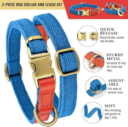 Dog Collar and Leash Set with Metal Quick Release Buckle, Adjustable, Breathable Nylon, Durable, Soft and Comfortable, No Pull for Walking and Training, Blue, M (12.5"-19.6")