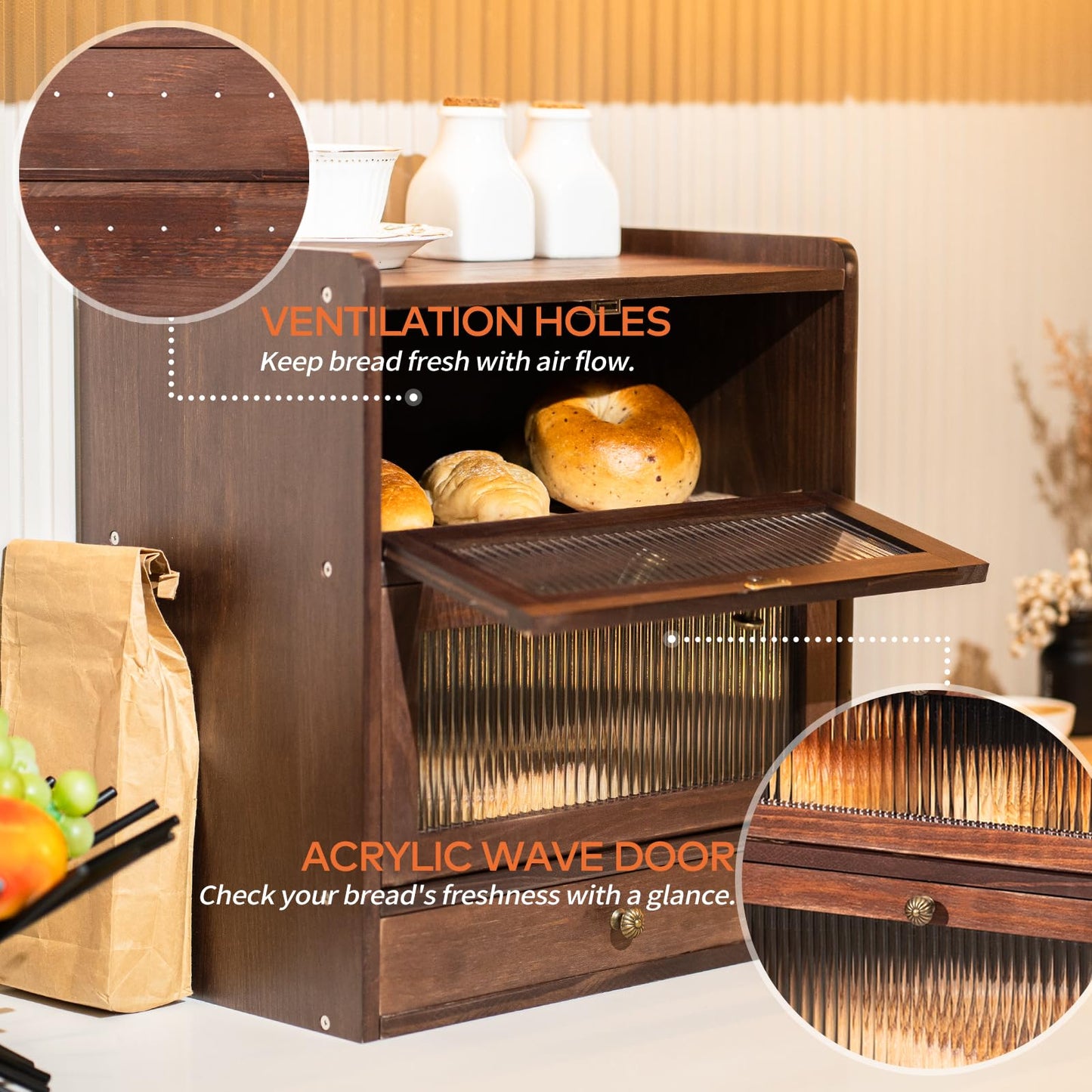 CheerNest Solid Wood Bread Box and 3 Tier Coffee Bar Rack for Kitchen Countertop, Brown