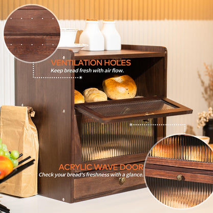 CheerNest Solid Wood Bread Box and 3 Tier Coffee Bar Rack for Kitchen Countertop, Brown