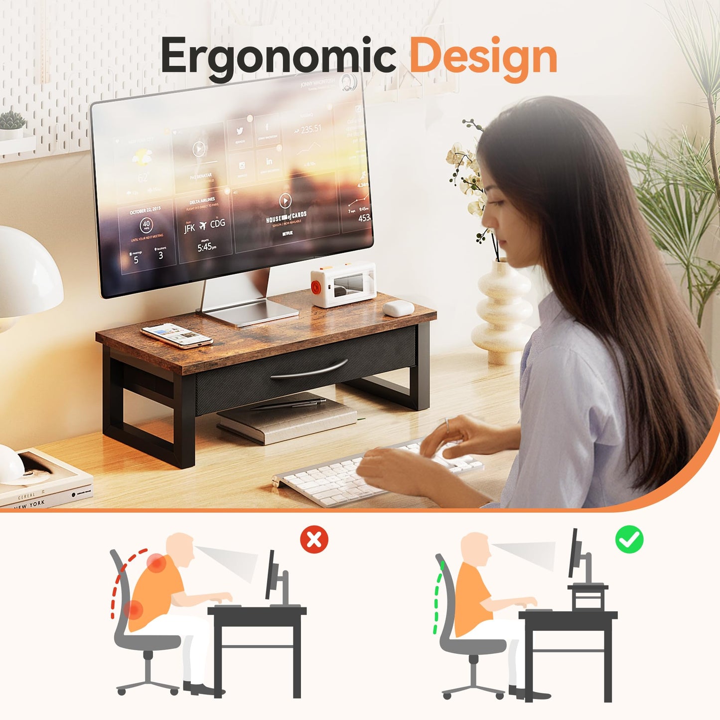 HEWORLIF Computer Monitor Stand Riser with Drawer, 2-Tier Desk Accessories & Workspace Organizers, Laptop Stand for Desk with Storage, Office Organization, Wood