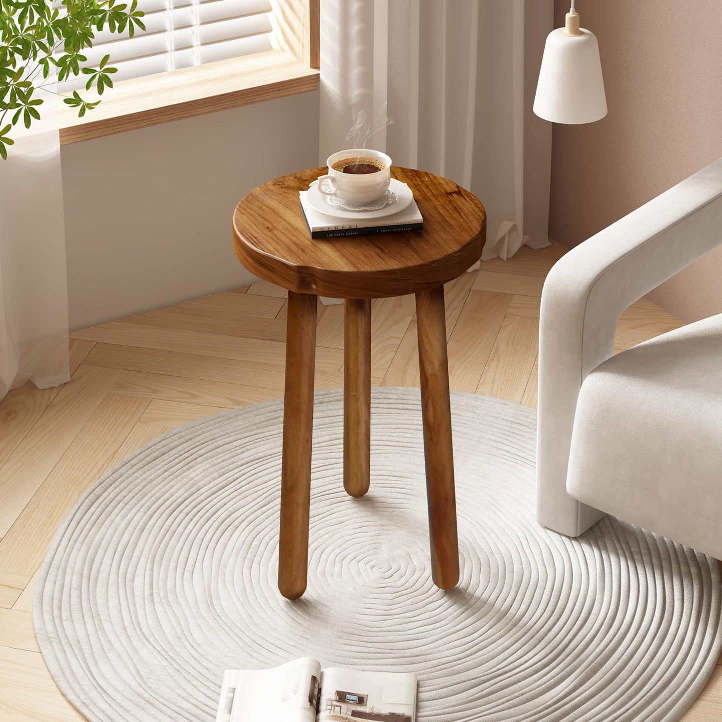 JOLLYMER 11.8" Round 18" Tall Wood Plant Stand | Teak Wood Accent Stool | Accent Table |Side Table