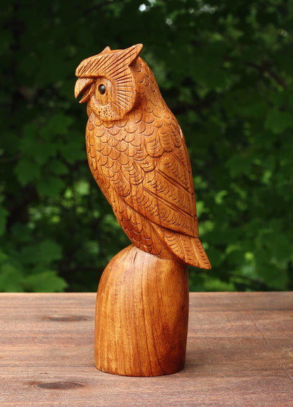 G6 Collection 10" Wooden Handmade Owl Figurine Handcrafted Statue Art Home Decor Sculpture Hand Carved Decorative Rustic Accent Decoration Hoot Owl Standing on a Tree Branch