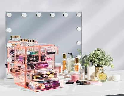 Sorbus Acrylic Makeup Organizer Set, 7-Drawer Vanity & Countertop Cosmetic Storage with Small & Wide Drawers, Pink Makeup Storage for Brushes, Lipsticks, Jewelry – Holiday Gift for Women & Teens