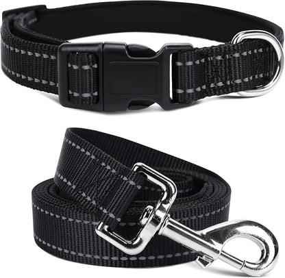 Soft Neoprene Padded Dog Collar and Leash Set for Small Medium Large Dogs, Reflective Durable Nylon Dog Collar with 5ft Leash Easy for Walking, Black,Neck fit 14.0-23.5’’