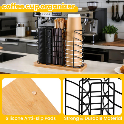 Mozabol Coffee Station Organizer for Countertop, Cup and Lid Organizer with Straw Holder, 3 Section Disposable Cup Dispenser Rack with Acacia Wood Base for Office, Cafe, Kitchen, Break Room