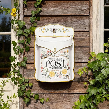 Wall Mount Mailbox for Outside Vintage Mail Boxes for House Outside Metal Door Mailbox Drop Box Antique Style Nostalgic Charm Home Decorative, Flower Pattern, Pink