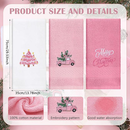 3 Pcs Pink Christmas Hand Towels