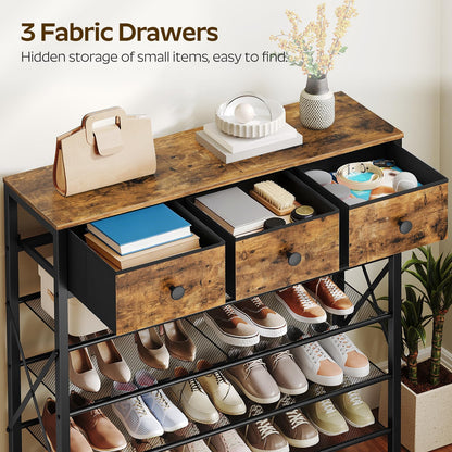 YATINEY 5-Tier Shoe Rack with 3 Drawers, Metal Shoe Organizer for 20 Pairs with Storage Shelves and Wooden Top, for Entryway, Hallway, Foyer, Closet, Rustic Brown and Black SS35BR