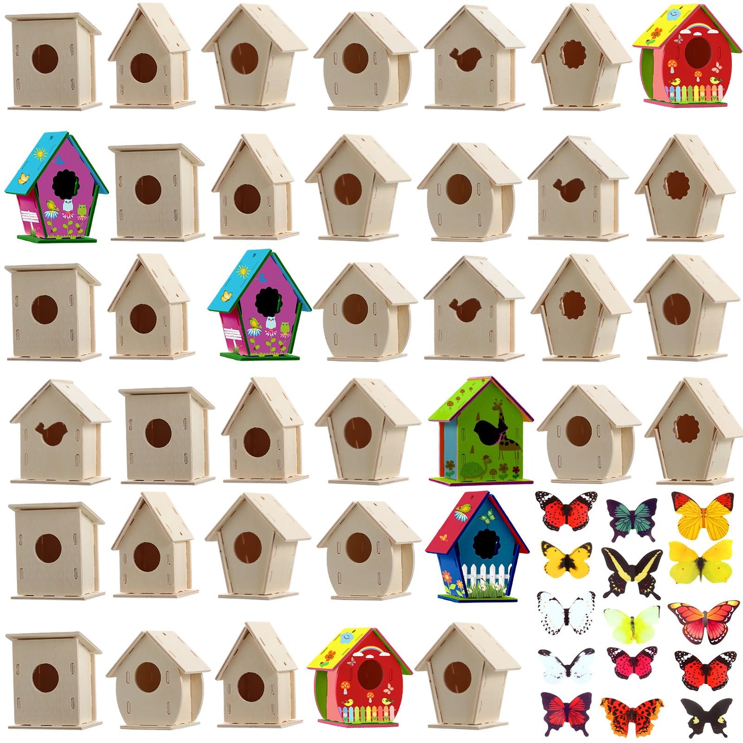 Sawysine 93 Pcs DIY Birdhouse Kits for Kids to Build, 36 Wooden Bird House 6 Shapes and 57 Butterfly Sticker for Children Summer Craft Activity Art Project DIY(Multiple Entrance)