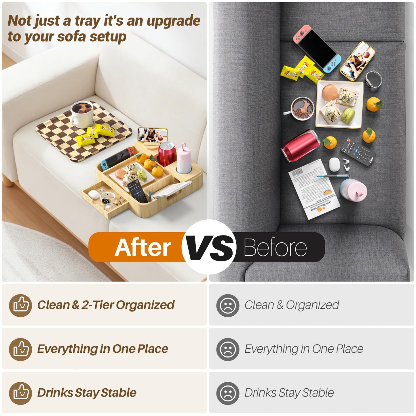 Couch Cup Holder, Checkered Couch Tray Cup Holder Sofa Tray, Large Capacity 2-Tier Wooden Trays with Drawer for Sofa, Bed, Picnic, Drinks, Remote, Cell Phone,TV Trays (Solid Pine Wood)12.5*12.5 in