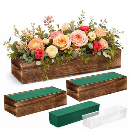 Dandat 3 Set Wood Boxes for Centerpieces 12x4 Inch Rectangle Wooden Planter Box Rustic Wood Planter with Removable Plastic Liner Floral Foam Blocks for Centerpieces Home Wedding Garden Decor