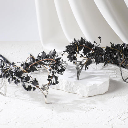 MOSTORY Black Raven Elf Crown - Gothic Flower Headpiece with Tassel for Witch Accessories Women, Dark Floral Circlet for Renaissance Renfaire Halloween Witchcore Cosplay