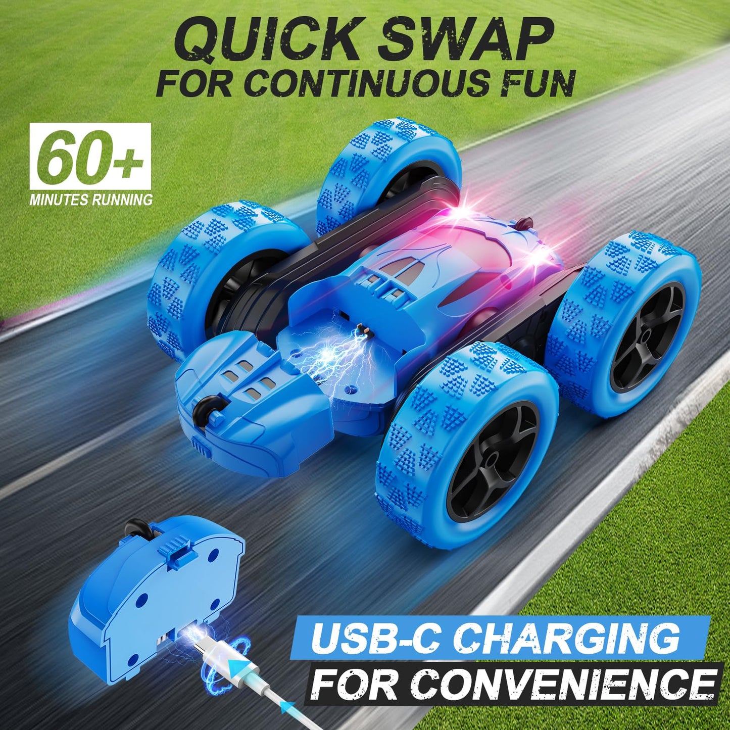 QUNREDA Remote Control Car, RC Cars Toys for Kids Ages 6-12, 4WD Stunt Car with LED Lights & 360° Flips, 2.4GHz, Upgraded USB-C Modular Batteries, 8-10 Year Old Boys Birthday Gift 1-Blue