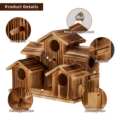 Puyikes Bird House for Outside 5 Hole Bird Houses Room for 5 Bird Families Large Bird House for Garden/Courtyard/Backyard for Garden Decor-Finch Bluebird Cardinals Handmade Wooden Hummingbird House