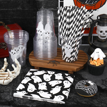 JarThenaAMCS Halloween Tableware Set Ghost Paper Napkins Disposable Plastic Cups with Lids and Straws for 50 Guests Holiday Party Supplies Table Decor