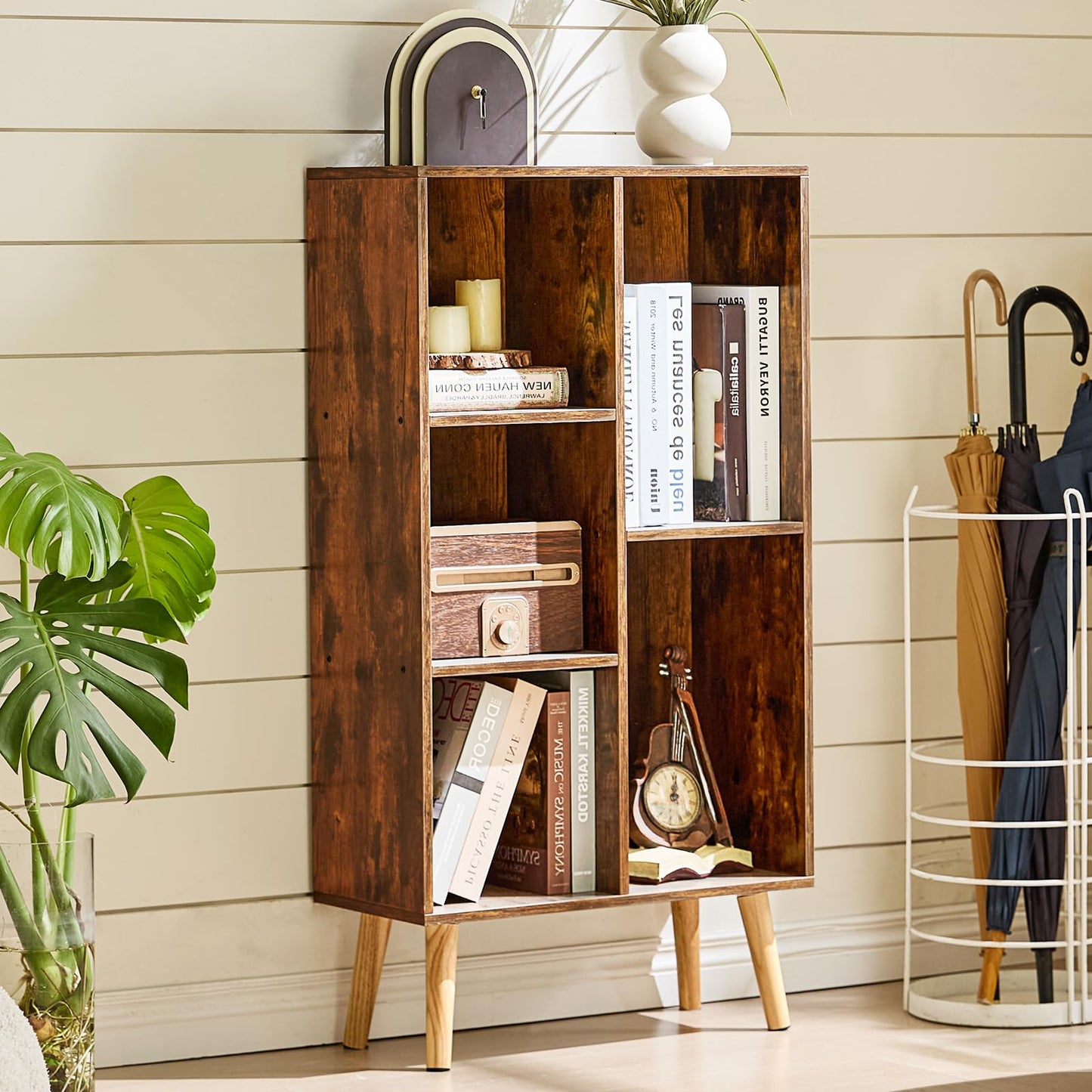 LEYAOYAO 5 Cube Small Bookshelf,3 Tier Mid-Century Bookcase with Legs,Wood Bookshelves Storage Organizer Shelf,Narrow Book Shelves,Brown Bookcases