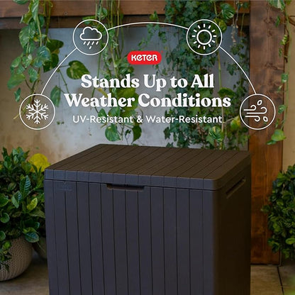Keter City 30 Gallon Resin Outdoor Storage Box and Patio Furniture Side Table for Pool and Garden Accessories, Brown