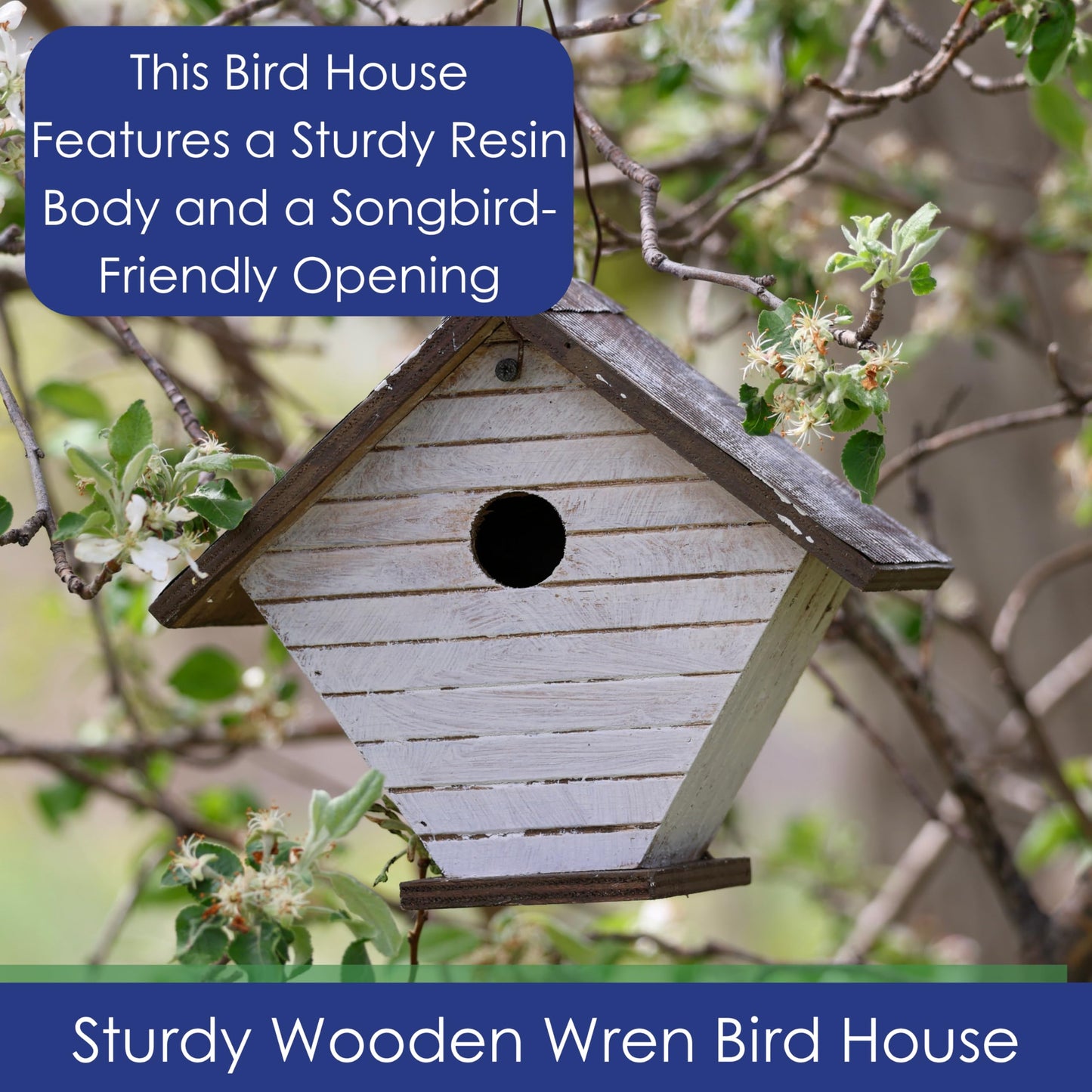 Backyard Essentials Shiplap Wren House - White Hanging Bird House - Wooden Birdhouse with Cable Hanger