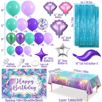 SNLN 139Pcs Mermaid Birthday Party Decorations Supplies for Girl Kid, Mermaid Balloon Arch & Backdrop Tablecloth Fringe Curtain Tail Shell Star Foil Balloon, Princess Themed Mermaids Party Decoration