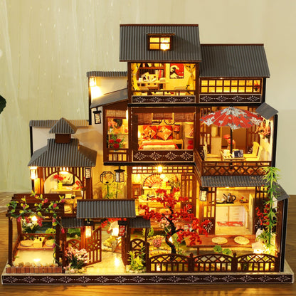 KOOMEKI Miniature Dollhouse DIY Set with Decoration Furniture and LED Lights, 1:24 Scale DIY Wooden Dollhouse Kit with English Instructions, Birthday Gift or Party Favors (Japanese Courtyard Style)