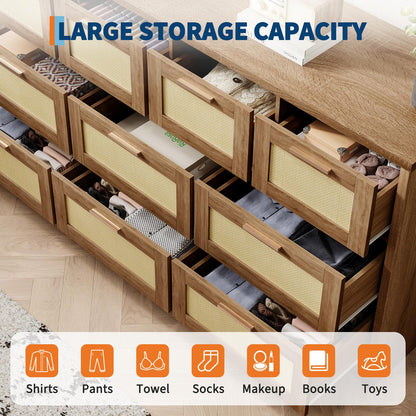 GarveeLife 10 Drawer Dresser for Bedroom, 59 in Farmhouse Rattan Dressers & Chests of Drawers, Wooden Storage Organizer with Anti-Tipping Device for Living Room, Hallway, Entryway, Natural