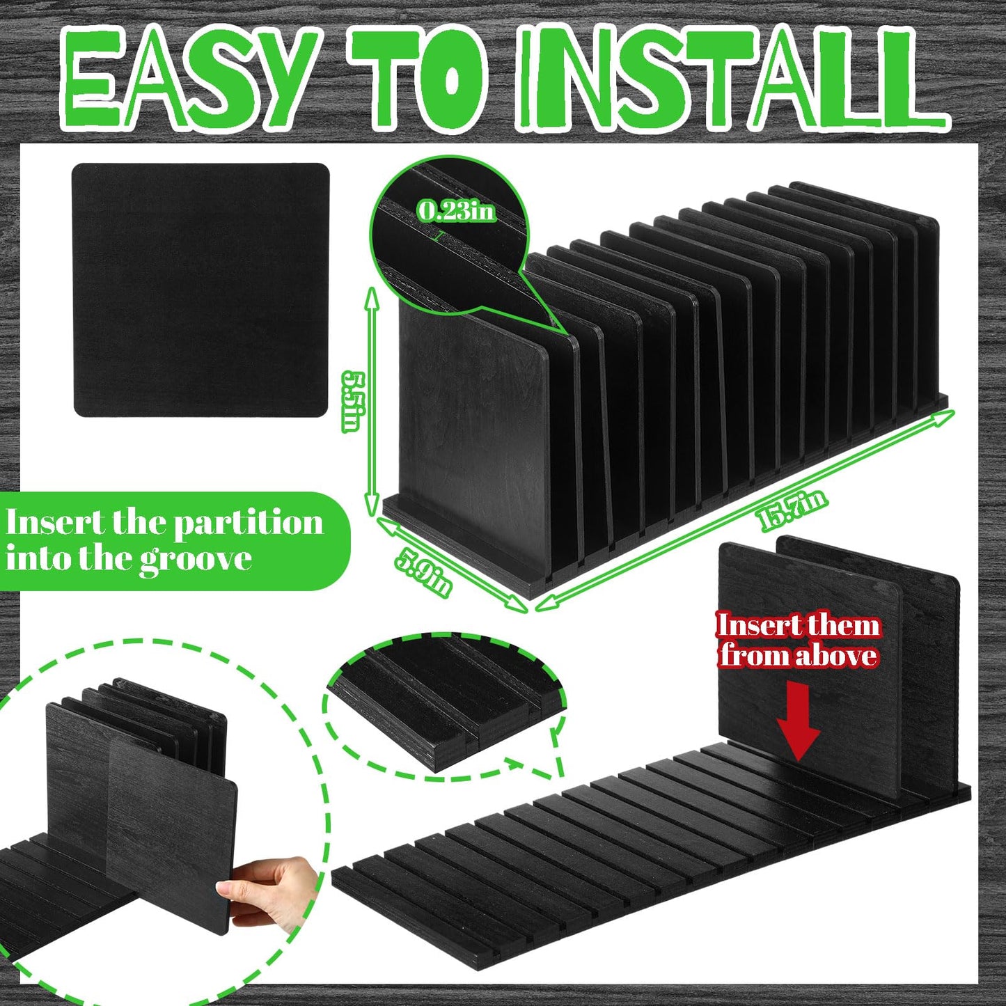 Threehoney Desk File Organizer 15 Compartments Vertical File Organizer Wood Mail Holders Countertop Letter Sorter Desktop Mail Paper Holder Folder Filing Cell Phone Document Storage Tray(Black)