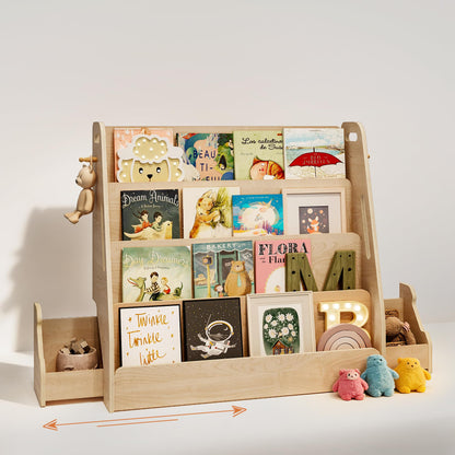 AMBIRD Kids Bookshelf with Drawers & Hooks, 4-Tier Forward-Facing Book Display for Toddlers, Wooden Magazine Rack with Hidden Toy Storage, Montessori-inspired Bookcase for Bedroom, Nursery & Classroom