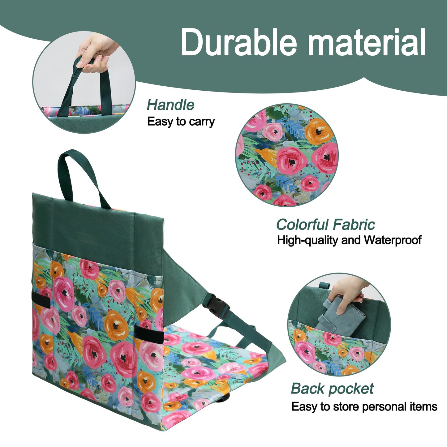 JLDTOP Floral Foldable Bleacher Seat Waterproof Portable Stadium Cushion (Green Floral)
