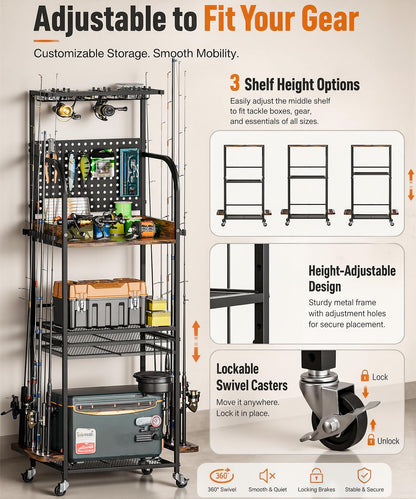 Homde Fishing Rod Holders for Garage: Large Capacity Fishing Equipment Holder up to 12 Rods - Mobile Tackle Storage Cart with Pegboard and Hooks for Tackle Box Organizers and Storage