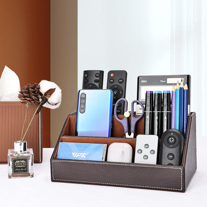 KINGFOM Pu Leather Desk Organizer with 5 Compartments Holder, Multi-Functional Office Supplies Storage Caddy for Pen/Pencil, Phones, Remote Controller and Desktop Accessorie Brown