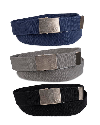 Levi's All-Gender Casual Cut-to-Fit Web Belt Set –3 Pack Straps with One Interchangeable Buckle, Black/Blue/Grey, One Size