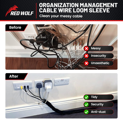 RED WOLF 1/4” x 10FT Cable Sleeves Cord Management Braided Wire Loom Sleeving Protector Wiring Cable Cover Flexible Self-Wrap for Automotive Home Office Anti-Scratch High-Temperature Black