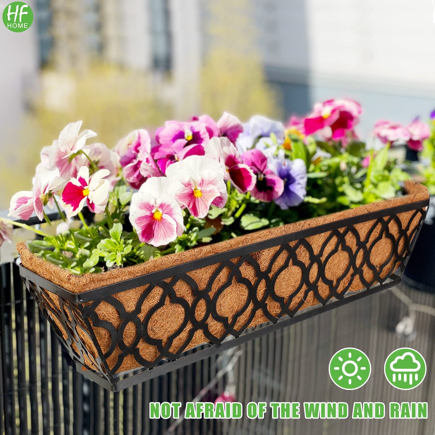 HFHOME 24 Inch Deck Railing Planter Box with Horse Trough Coco Liner, 24" Window Boxes with Coconut Coir Liner, Black Metal Hanging Flower Planter Basket for Outdoor Indoor Lawn - 4 Pack