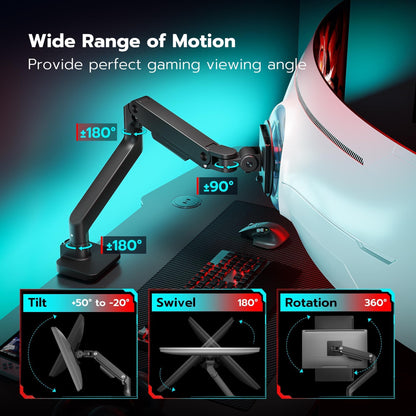 ARES WING Ultrawide Monitor Arm for 17 to 49 Inch Heavy Duty Curved Screen, Holds 44 Lbs, Adjustable Gas Spring Monitor Arm Desk Mount with C Clamp, Grommet Base, 75/100 Vesa Mount, Black