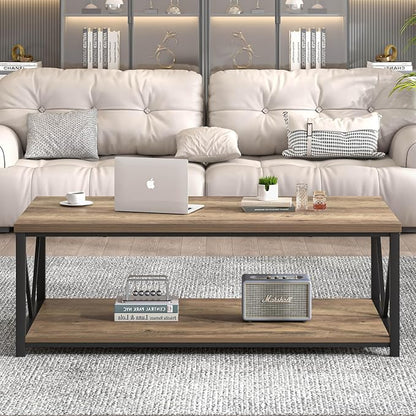 FOLUBAN Modern Coffee Table, Living Room Center Table with Storage, Wood and Metal Cocktail Table, Rustic Oak, 47 Inch