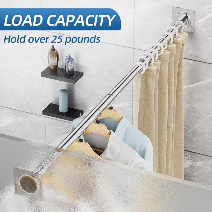 CorkLatta Chrome Shower Curtain Rod,1 Inch Diameter Stainless Steel Adjustable Spring Tension Rods 32 to 92",with Holders,Anti-Slip,Curtain Rods No Drilling(1 Pack)