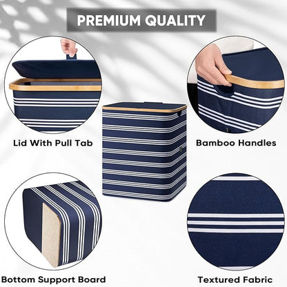 BALEINE Laundry Hamper with Lid, Tall Laundry Baskets with Bamboo Pull Handles