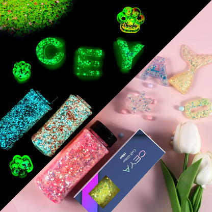 Ceya Glow in The Dark Glitter, 3.3oz/ 95g White Luminous Chunky Glitter Mix Fine Powder Flakes Fluorescent Nail Sequins for Epoxy Resin, Tumblers, Halloween Party, Festival Decor