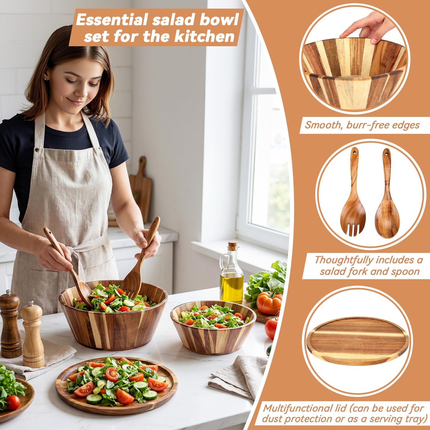 LemonRoad 2 Sets 10" 12" Large Wooden Salad Bowls Set Acacia Wooden Mixing Serving Bowls Decorative with Serving Utensils and Cover for Fruits Salad Pasta Kitchen Party