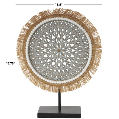 Deco 79 Wooden Tribal Handmade Decorative Sculpture Seagrass Fringed Home Decor Statue with Black Base, Accent Figurine 14" x 4" x 18", Gray