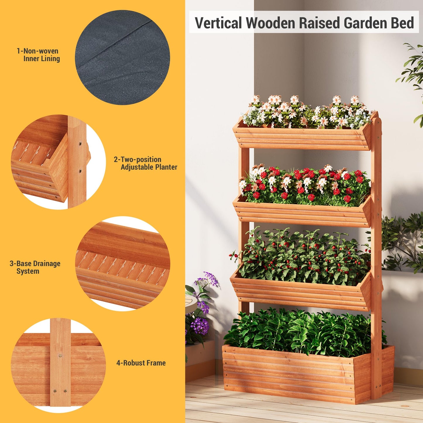 RHINEINMIST Vertical Wooden Raised Garden Bed Planters Wood Planter Kit Plant Stand Flower Rack Planter Box Gardening for Plants Herbs Flowers Vegetables Outdoor Indoor Freestanding (Orange 4-Tier)